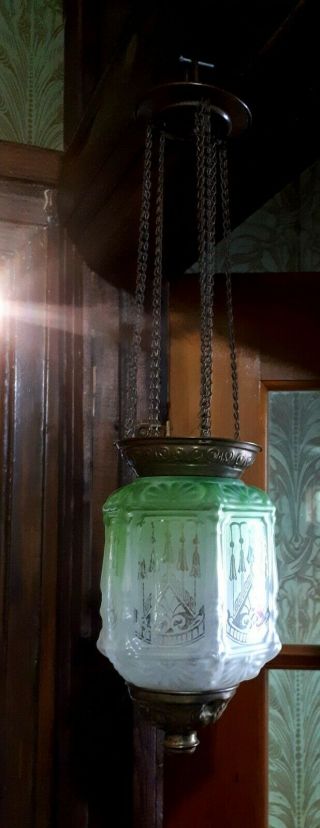 Rare Complete 1880 ' s Antique Victorian Emerald Green Hanging Hall Oil lamp 4