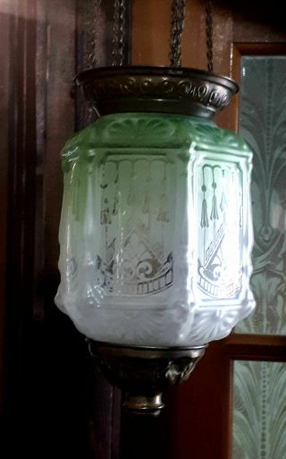 Rare Complete 1880 ' s Antique Victorian Emerald Green Hanging Hall Oil lamp 5
