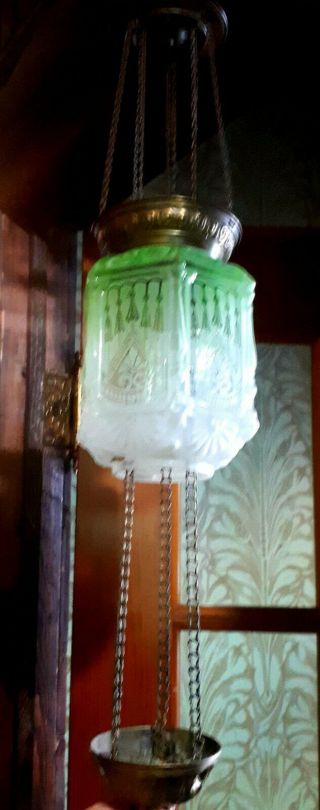 Rare Complete 1880 ' s Antique Victorian Emerald Green Hanging Hall Oil lamp 6