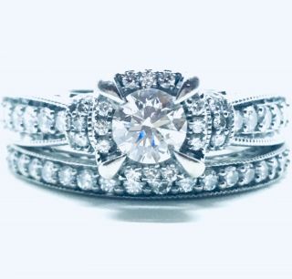 1 1/4 Ctw Zales Vintage Diamond White Gold Engagement Ring Bridal Set Band