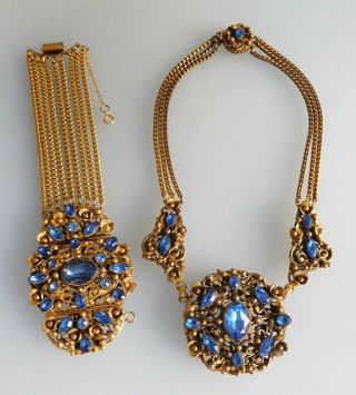 Vintage Art Deco Czech Blue Rhinestone Gold Tone Filigree Necklace Bracelet Set