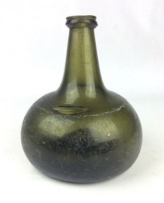 17th C Century Antique Black Glass Dutch Or English Onion Bottle