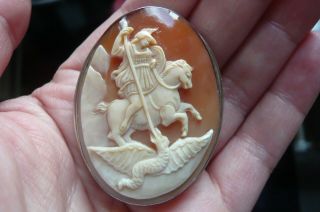 Vintage St George Slaying The Dragon Shell Cameo And Silver Brooch