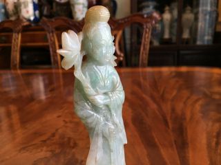 A Rare Chinese Qing Dynasty Carved Jadeite Guanyin Statue with Wooden Stand. 3