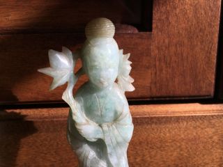 A Rare Chinese Qing Dynasty Carved Jadeite Guanyin Statue with Wooden Stand. 5