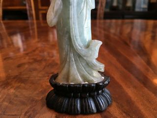 A Rare Chinese Qing Dynasty Carved Jadeite Guanyin Statue with Wooden Stand. 6