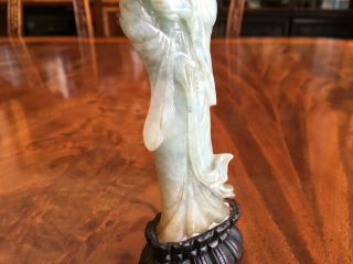 A Rare Chinese Qing Dynasty Carved Jadeite Guanyin Statue with Wooden Stand. 7