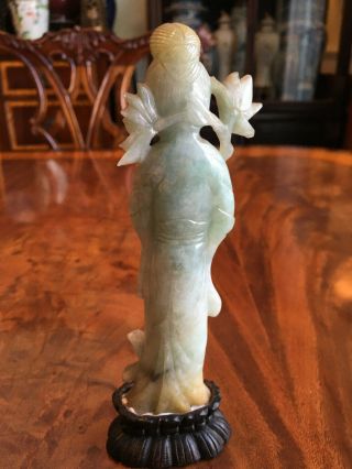 A Rare Chinese Qing Dynasty Carved Jadeite Guanyin Statue with Wooden Stand. 8