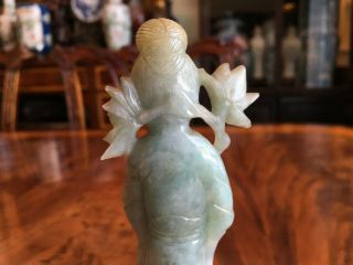 A Rare Chinese Qing Dynasty Carved Jadeite Guanyin Statue with Wooden Stand. 9