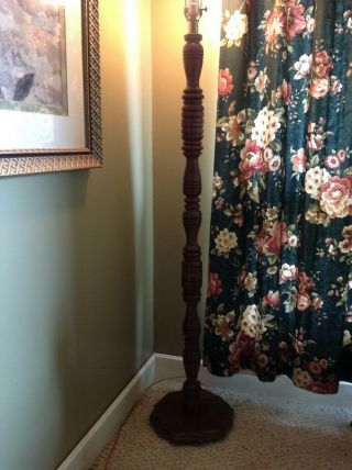Vintage Tall Carved Wooden Floor Lamp