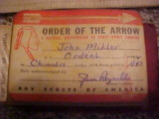 VINTAGE BOY SCOUT RED ARROW SASH ID CARD BLUE BIRD PATCH CHIMALUS 1954 GREENE 12