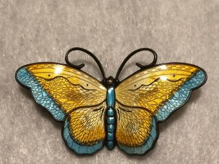 Hroar Prydz Norway Sterling Silver Blue Yellow Enamel Butterfly Pin Brooch