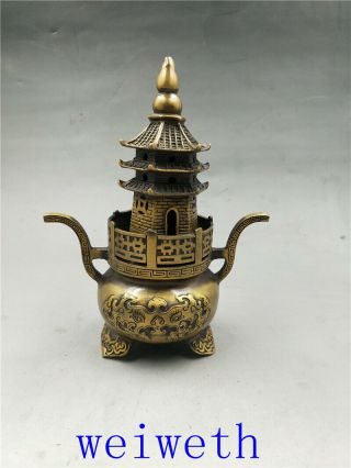 Chinese Old Brass Fortune Lucky Pagoda Incense Burner W Qianlong Mark 2