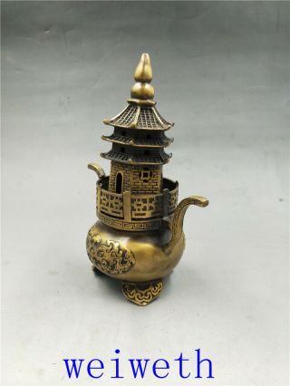 Chinese Old Brass Fortune Lucky Pagoda Incense Burner W Qianlong Mark 4