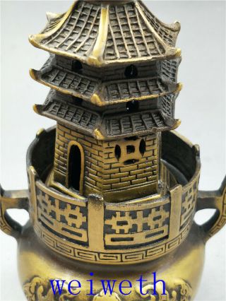 Chinese Old Brass Fortune Lucky Pagoda Incense Burner W Qianlong Mark 5