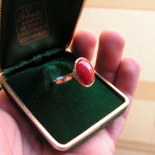 Ring Red Dark 13mm X 10mm Coral Sardinia 18k Yellow Gold 7,  5 Estate Italy