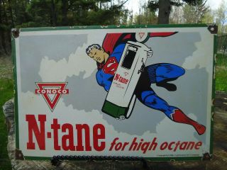 Vintage 1946 Conoco N - Tane Gasoline Porcelain Enamel Gas Pump Sign