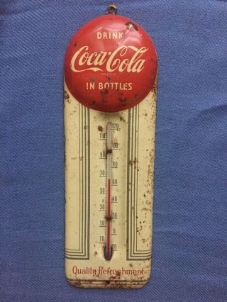 Rare Vintage 9 " Coke Coca Cola Red Button Metal Embossed Thermometer