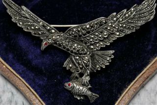Huge Antique Art Deco Solid Silver Marcasite Eagle Osprey & Fish Brooch