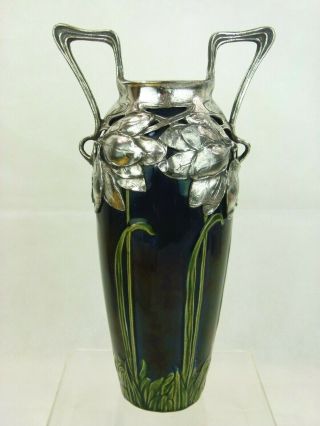 A Very Rare Art Nouveau Stoneware Vase W/ Organic Pewter Mount.  Max Laeuger.