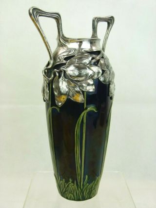 A Very Rare Art Nouveau Stoneware Vase w/ Organic Pewter Mount.  Max Laeuger. 2