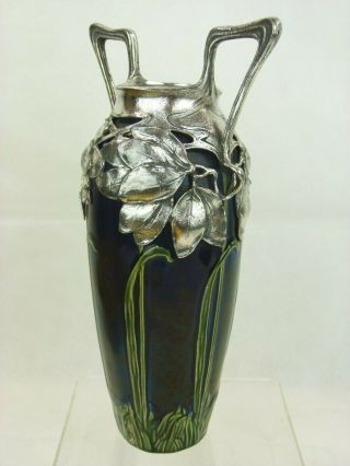A Very Rare Art Nouveau Stoneware Vase w/ Organic Pewter Mount.  Max Laeuger. 5
