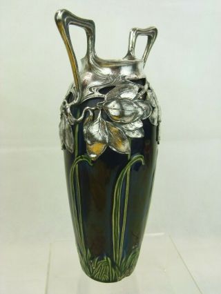 A Very Rare Art Nouveau Stoneware Vase w/ Organic Pewter Mount.  Max Laeuger. 6