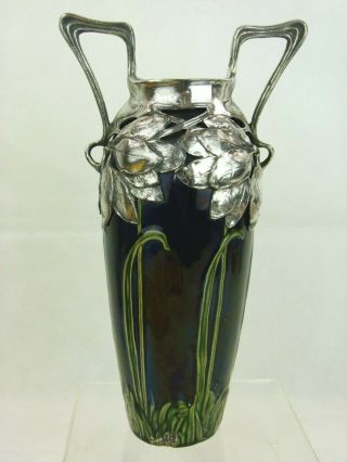 A Very Rare Art Nouveau Stoneware Vase w/ Organic Pewter Mount.  Max Laeuger. 7