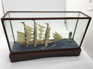 Rare Antique Nautical Ship Model And Lighthouse In A Shadow Box Museum Quality