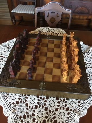 Vintage/antique Large Wooden Hand Carved Asian Chess Set - Thailand