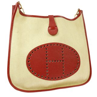 Authentic Hermes Evelyn Gm Shoulder Bag Beige Red Toile H Leather Vintage V31530