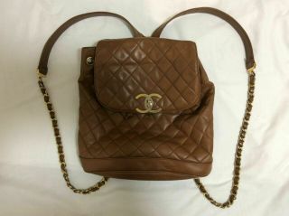 Chanel Chain Backpack Shoulder Day Bag Brown Leather Vintage Japan