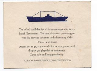 1941 Ww11 Invitation To Launching Of British Ship Ocean Vanguard