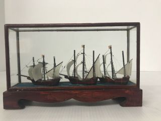 Vintage Nautical Ships 3 Models Shadow Box Diorama Under Glass 7”x 4.  5”x 1.  75”