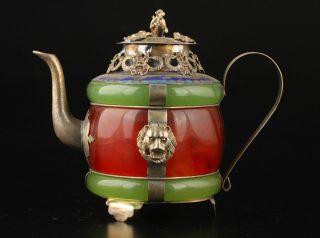 Chinese Handwork Old Green & Red Jade Bracelet Inlay Tibet - Silver Dragon Teapot