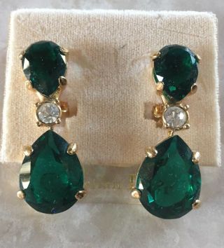 Christian Dior Statement Large Faux Emerald Crystal Drop Earrings On Card