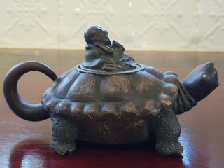 Authentic Vintage Signed Chinese Yixing Zisha Clay Teapot - Turtle & Buddha