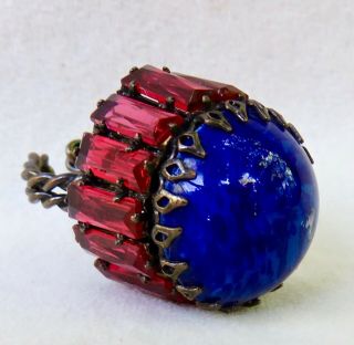Rare Vintage Schreiner Ny Huge Lapis & Ruby Glass Ruffle Ring