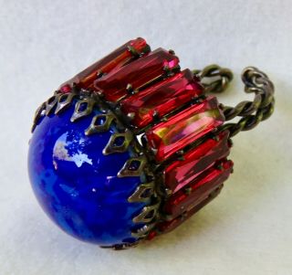 RARE VINTAGE SCHREINER NY HUGE LAPIS & RUBY GLASS RUFFLE RING 5