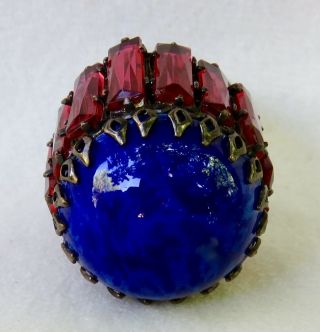 RARE VINTAGE SCHREINER NY HUGE LAPIS & RUBY GLASS RUFFLE RING 6