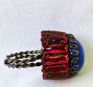 RARE VINTAGE SCHREINER NY HUGE LAPIS & RUBY GLASS RUFFLE RING 7