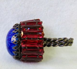 RARE VINTAGE SCHREINER NY HUGE LAPIS & RUBY GLASS RUFFLE RING 8