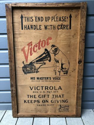Vintage Rare 1920’s Victor Victrola Advertising Old Wooden Crate Sign 3