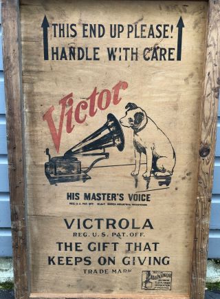 Vintage Rare 1920’s Victor Victrola Advertising Old Wooden Crate Sign 4