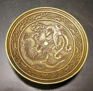 Chinese Old Brass Handmade Carved Dragon And Phoenix Dish