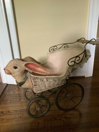 Antique Wood Carved Bunny Rabbit Doll Buggy Wicker Carriage Stroller