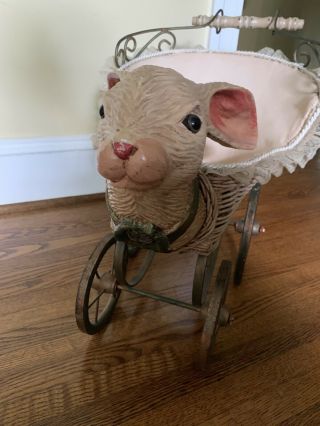 Antique Wood Carved Bunny Rabbit Doll Buggy Wicker Carriage Stroller 2