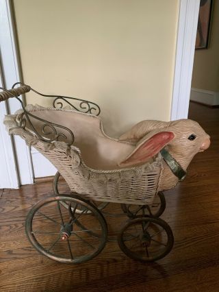 Antique Wood Carved Bunny Rabbit Doll Buggy Wicker Carriage Stroller 3