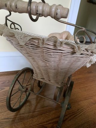 Antique Wood Carved Bunny Rabbit Doll Buggy Wicker Carriage Stroller 5