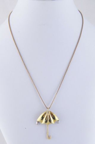 Vintage 14 Kt Gold Umbrella With Diamonds Pendant On 16 Inch Chain Necklace